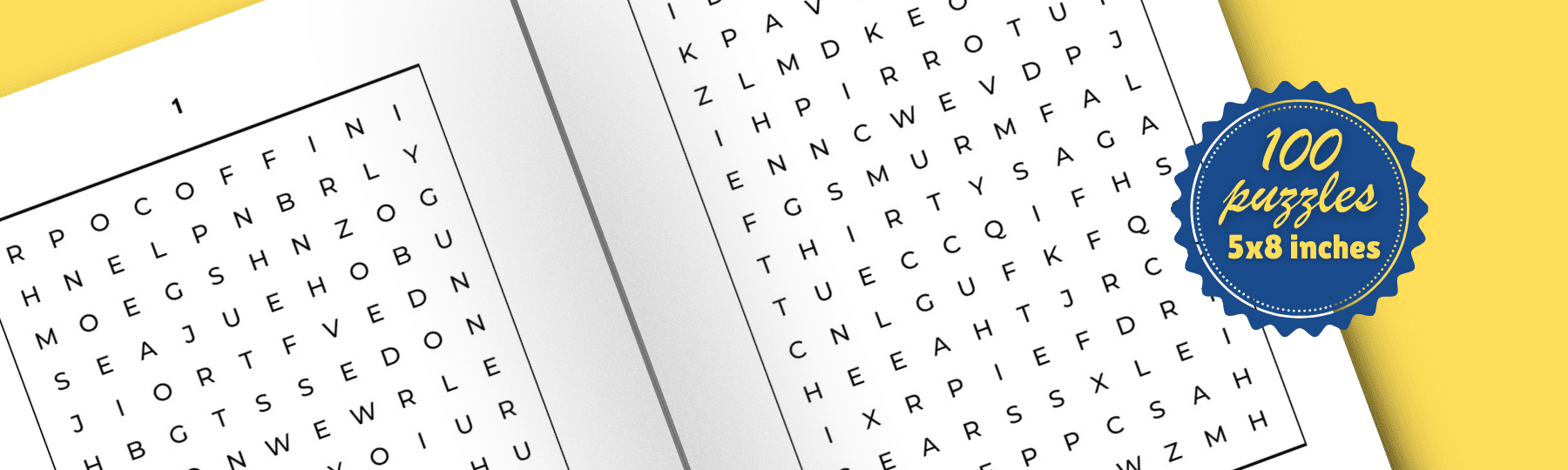 Open mini word search book for adults featuring 100 puzzles, displaying a detailed word grid from the book against a yellow background.