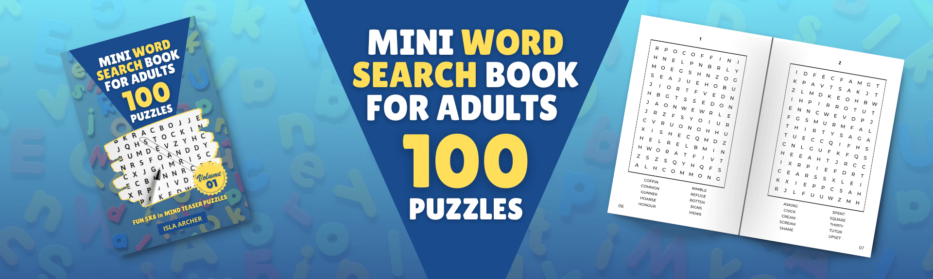 over of Mini Word Search Book for Adults Volume 01 featuring 100 puzzles with a sample page open showing a word grid and a list of words to find. | Mind Boost Books - Boost Brain Power with Puzzle Books & Journals