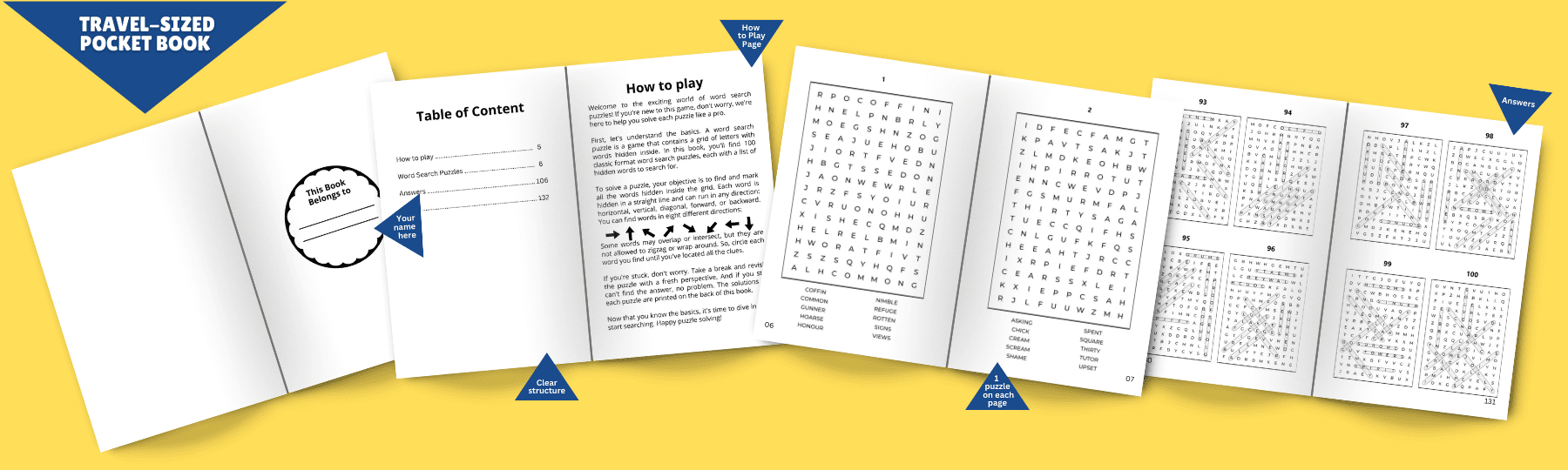 An array of open pages from a travel-sized mini word search book for adults, including a 'How to play' guide, puzzles, and solutions against a yellow background.