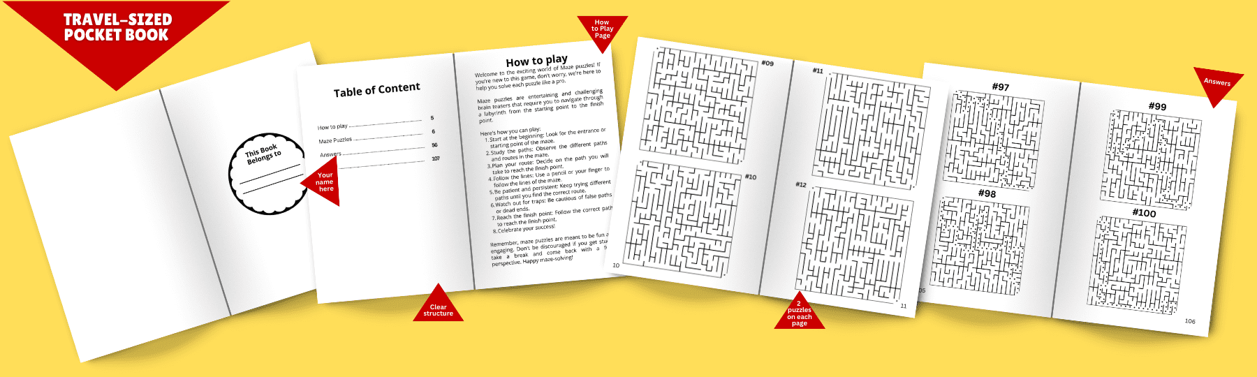 Open pages of 'Fun Mini Maze Puzzles Books for Adults' featuring instructions, sample mazes, and answer section.