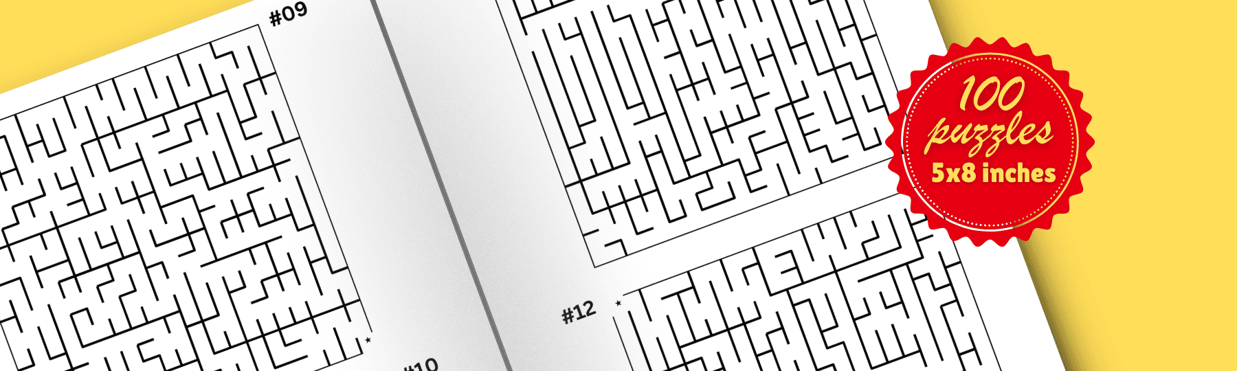 Close-up view of two maze puzzles from 'Fun Mini Maze Puzzles Books for Adults' with a red '100 puzzles 5x8 inches' badge.