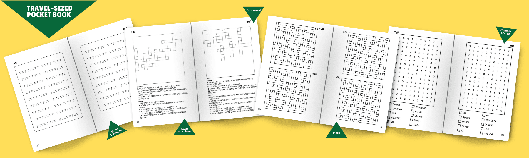 Assortment of puzzles in a travel-sized book, featuring word scramble, crossword, maze, and number search activities.