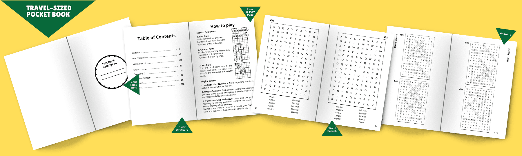 Opened travel-sized pocket puzzle book showing table of contents, instructions for Sudoku, and word search puzzles.