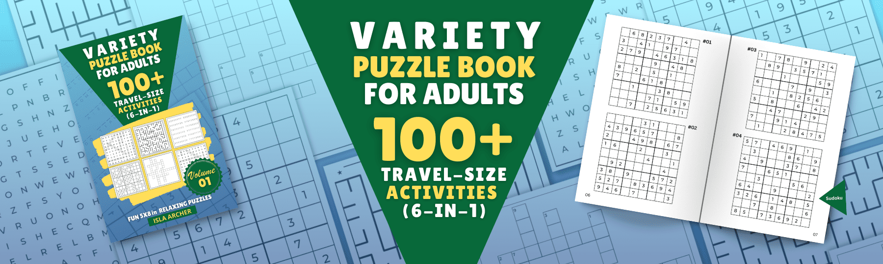 Advertisement for "Variety Puzzle Book for Adults with 100+ Travel-Size Activities" featuring a cover image and sample puzzle pages.