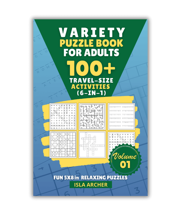 Variety Puzzle Book for Adults Volume 01" by Isla Archer, featuring over 100 travel-size activities including word search, crosswords, sudokus, and mazes. | Mind Boost Books - Boost Brain Power with Puzzle Books & Journals