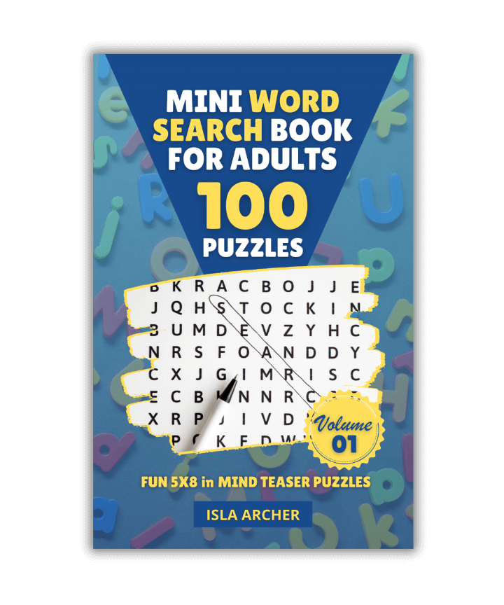 Cover of "Mini Word Search Book for Adults Volume 01" featuring 100 puzzles with a sample word search grid and colorful letter background. | Mind Boost Books - Boost Brain Power with Puzzle Books & Journals