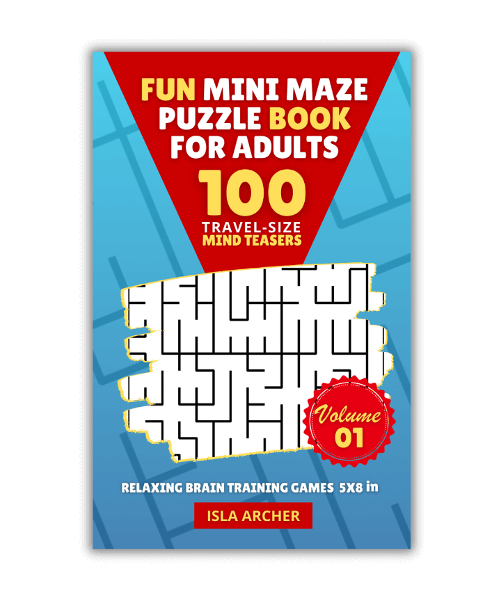 Fun Mini Maze Puzzle Book for Adults (100 travel-size mind teasers) cover with a bold maze design and Volume 01 badge. | Mind Boost Books - Boost Brain Power with Puzzle Books & Journals