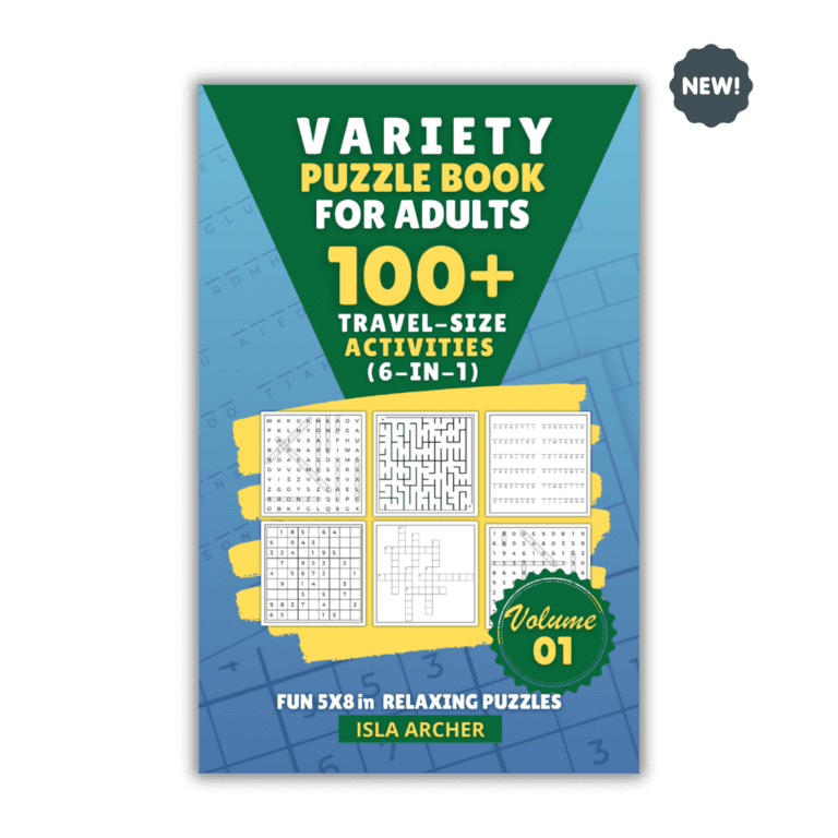 "Variety Puzzle Book for Adults Volume 01" cover featuring over 100 travel-sized activities, including puzzles like crosswords, Sudokus, and mazes. | Mind Boost Books - Boost Brain Power with Puzzle Books & Journals