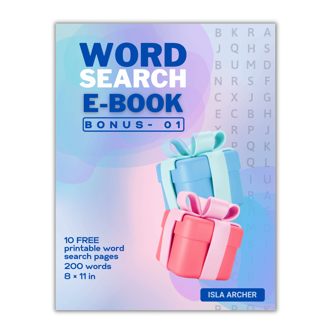 Cover of the "Word Search E-Book BONUS-01" featuring gifts and a preview of word search puzzles.