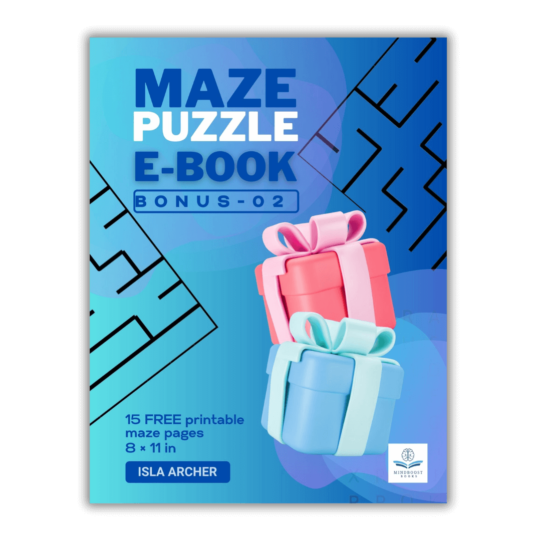 "Maze Puzzle E-Book BONUS-02" cover with 15 free printable mazes and festive gift imagery.