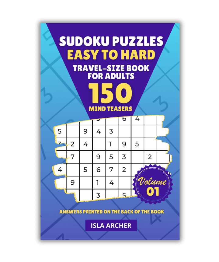 "Sudoku Puzzles Easy to Hard Travel-size Book for Adults - 150 Mind Teasers" cover featuring Sudoku grids and a Volume 01 badge. | Mind Boost Books - Boost Brain Power with Puzzle Books & Journals