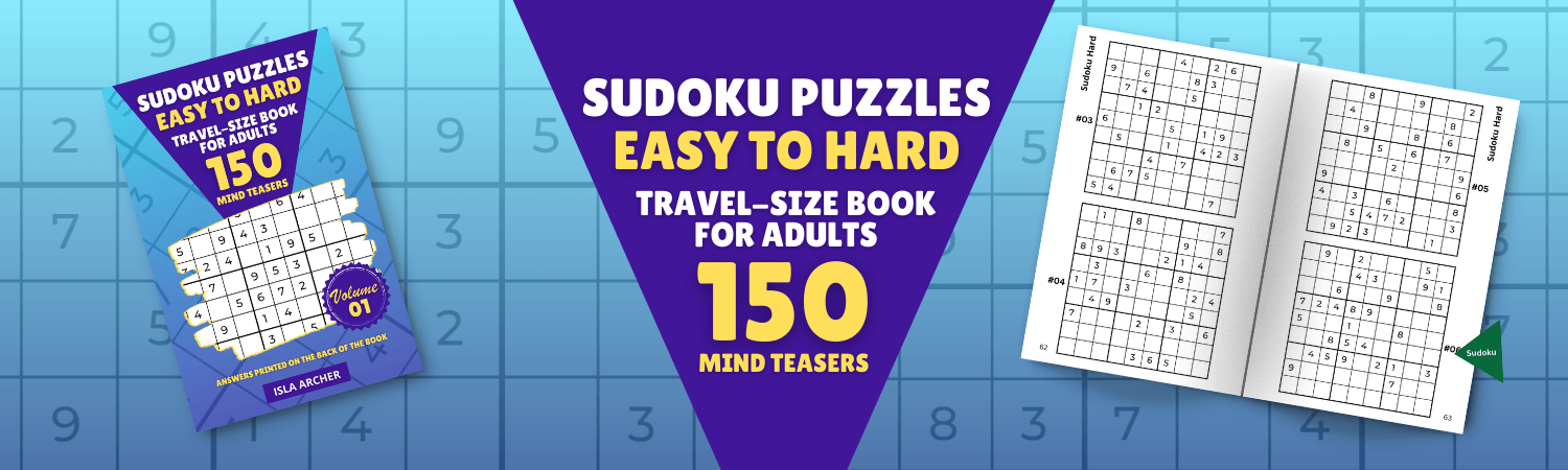 Promotional banner for "Sudoku Puzzles Easy to Hard: Travel-size Book for Adults - 150 Mind Teasers" showing the book and sample puzzles.