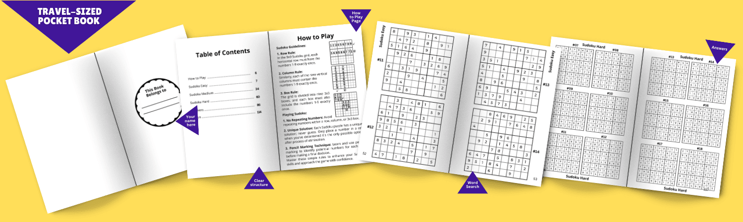 An open view of "Sudoku Puzzles Easy to Hard: Travel-size Book for Adults - 150 Mind Teasers" showing the contents and puzzle pages.