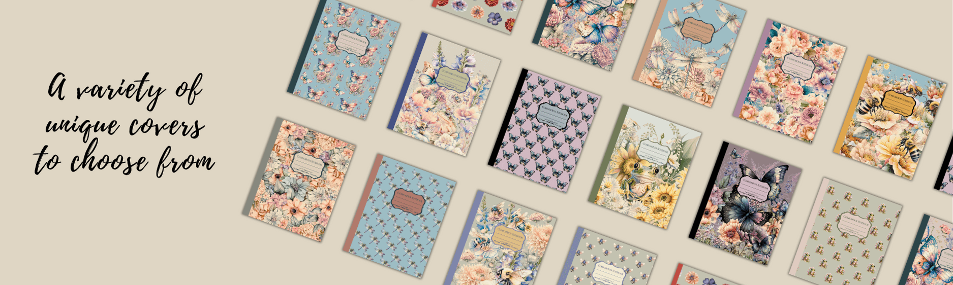 An array of composition notebooks with various botanical and animal-themed covers, available for purchase on Amazon.