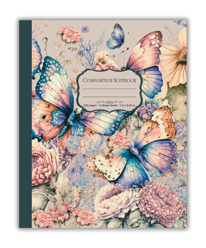 Beautifully designed composition notebook with butterfly and floral cover for gratitude journaling