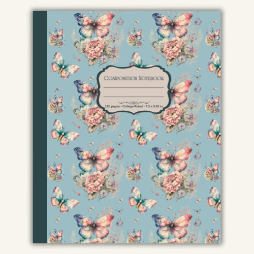 Butterfly-patterned composition notebook with floral design