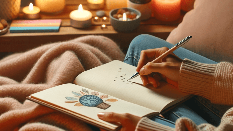 Person journaling with colorful drawings in a cozy, candle-lit setting