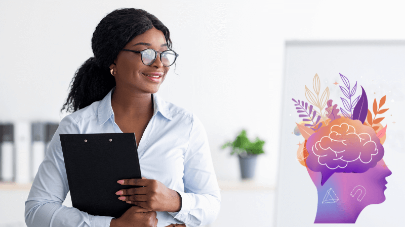 Confident professional woman holding a clipboard with a graphic of a brain decorated with plants and geometric shapes in the background.