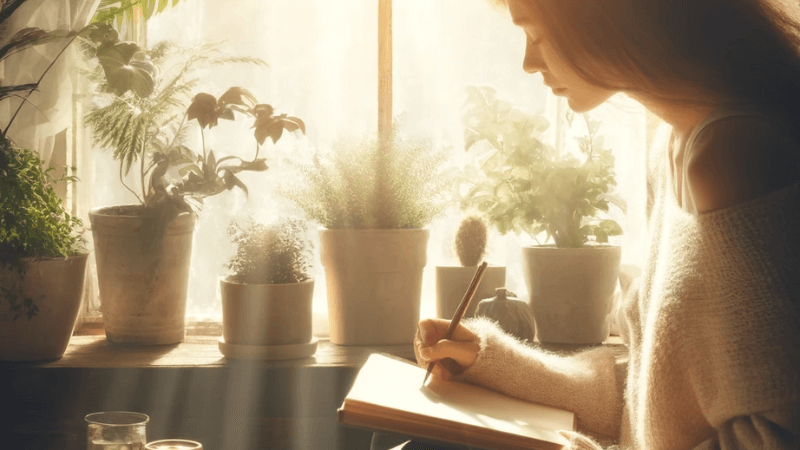 Person journaling by a sunny window surrounded by potted plants