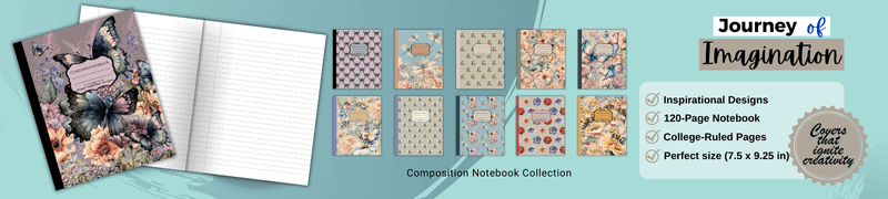 Banner showcasing a collection of composition notebooks with inspirational designs suitable for gratitude journaling