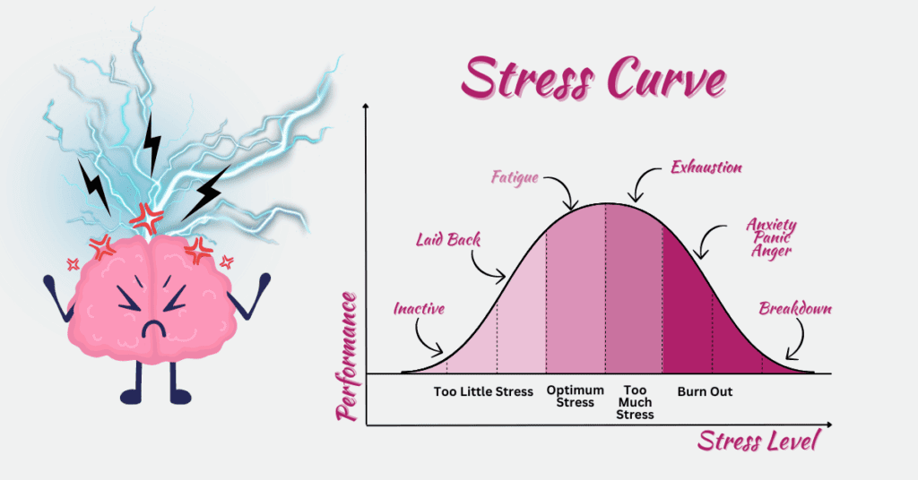 Illustration of a stress curve showing the relationship between stress levels and performance, featuring a stressed-out brain character.