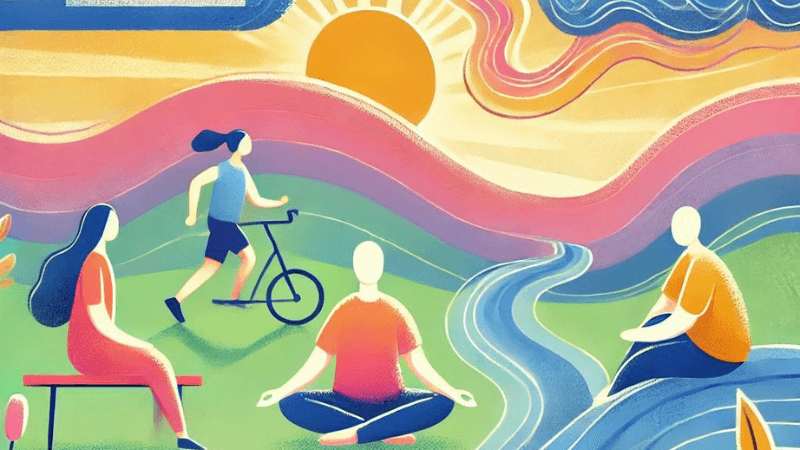 Illustration of people engaging in various activities for mental fitness, such as cycling, meditating, and socializing