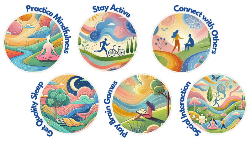 Illustrated circles showing various brain exercises for mental fitness: mindfulness, staying active, social connection, quality sleep, brain games, and self-reflection