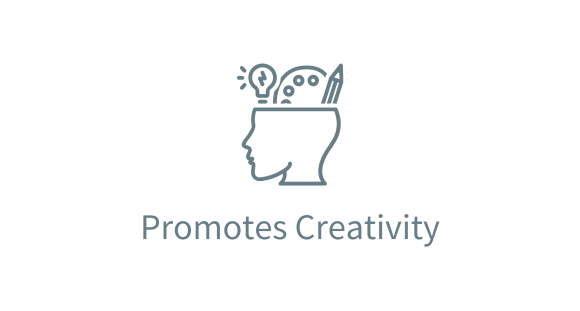 Promotes Creativity graphic with head and creative symbols | Mind Boost Books - Boost Brain Power with Puzzle Books & Journals