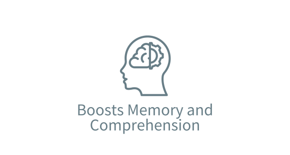 Boosts Memory and Comprehension graphic with head and brain | Mind Boost Books - Boost Brain Power with Puzzle Books & Journals